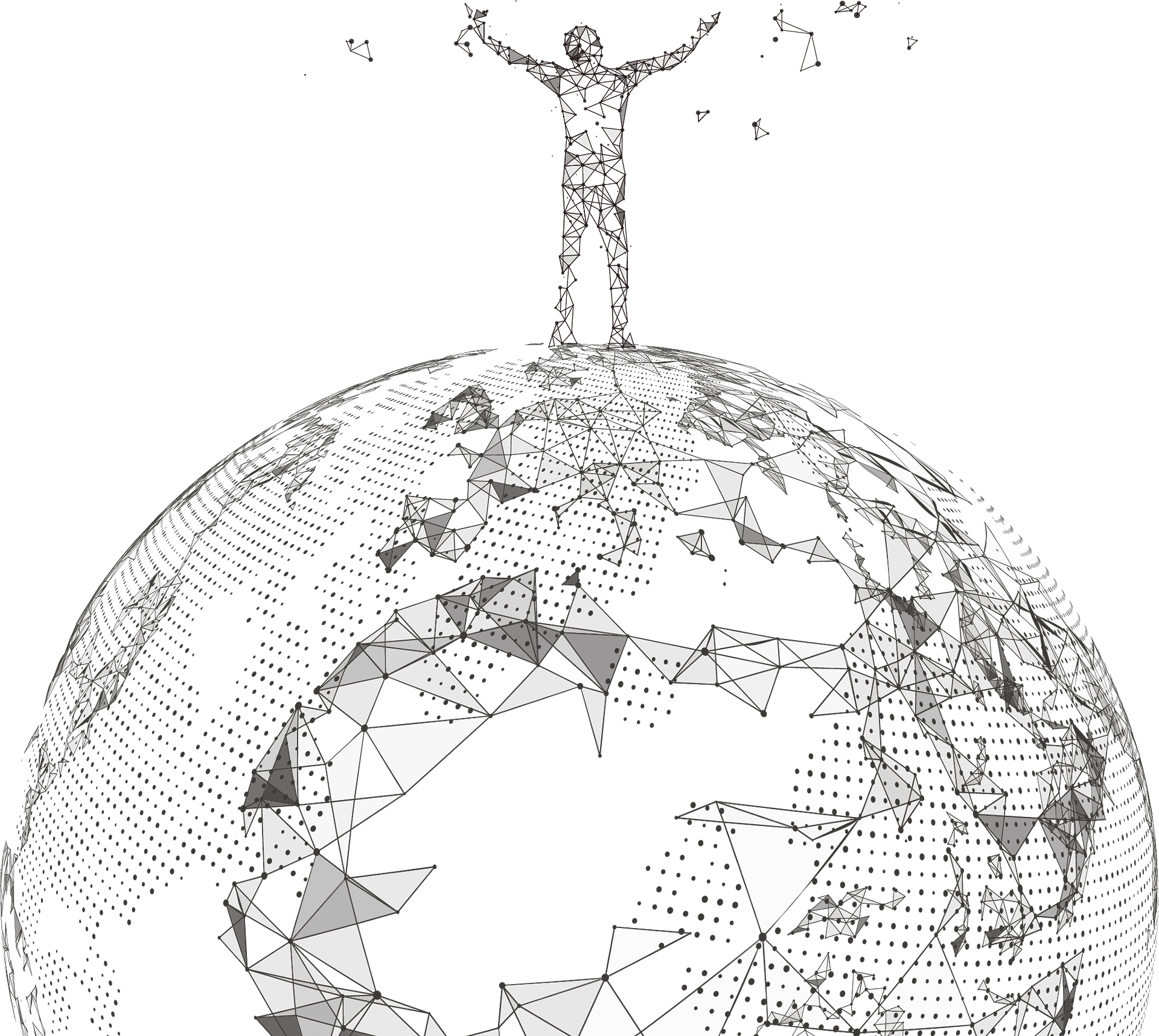 Lots of happy customter man standing on world